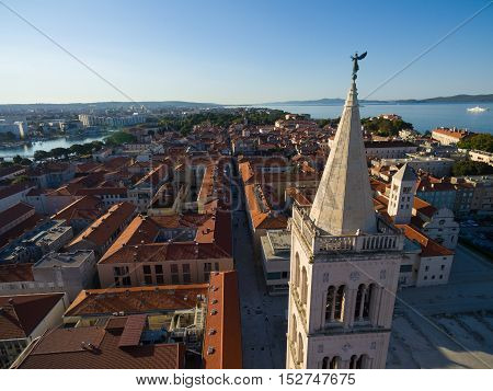 Aerial view of angel on top of cathedral of St Anastasia in Zadar, Croatia.