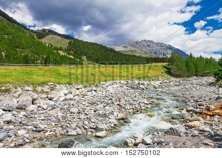 Valley with the brook in Swiss national park near Davos, Grisons, Switzerland