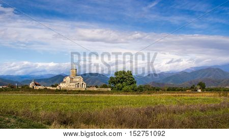 Panorama view of Alaverdi Monastery - Georgian Eastern Orthodox monastery in Kakhetia region in Eastern Georgia.