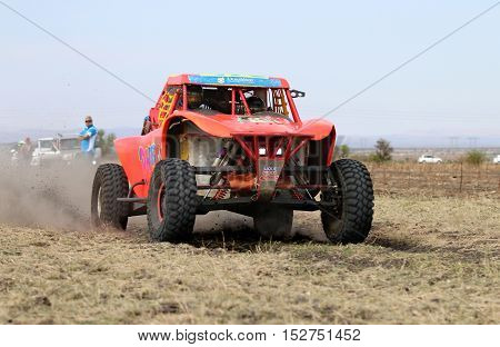 Forty Five Degree Close-up View Of Speeding Orange Bat Rally Car