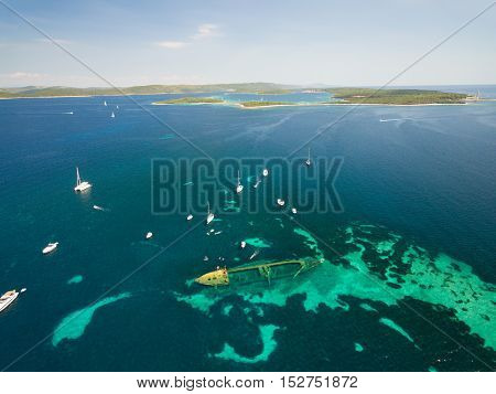 Aerial view of the sunken ship near the island Dugi otok, Croatia