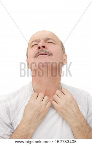 Respiratory disease in older age. Man has sore throat infection and colds.
