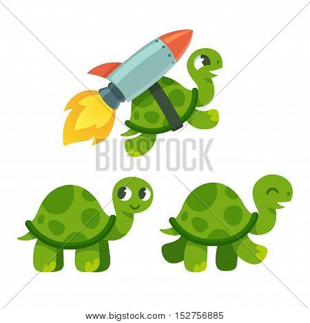 Cute cartoon turtle set. Standing walking and rocket flying. Funny vector illustration.