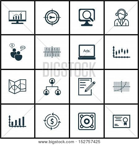 Set Of 16 Universal Editable Icons For Statistics, Advertising And Airport Topics. Includes Icons Su