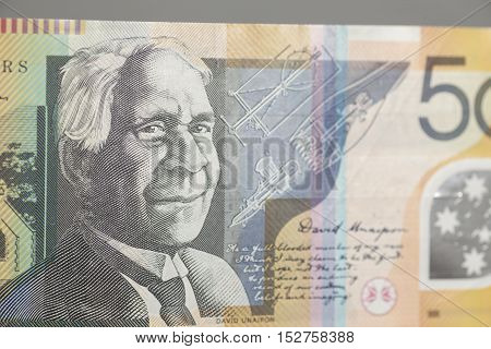 Australian Fifty Dollar Banknote on gray background
