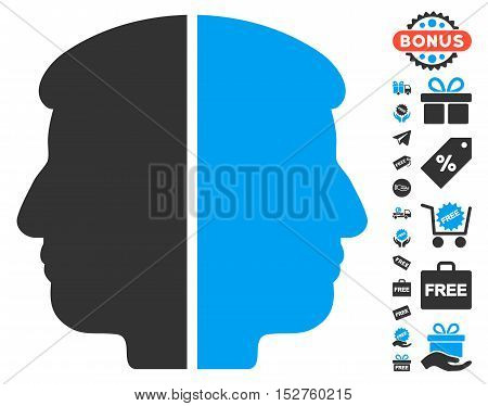 Dual Face pictograph with free bonus symbols. Vector illustration style is flat iconic symbols, blue and gray colors, white background.