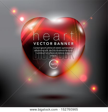 Abstract vector banner. Pebble stone in shape of heart. Red and glossy with realistic light and shadow on the black panel. Vector illustration. Eps10.