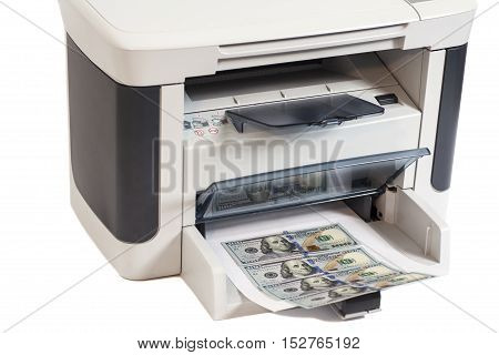 Printer printing fake dollar bills isolated on white background