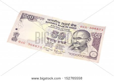 Fifty Rupee note (Indian currency) isolated on white background.