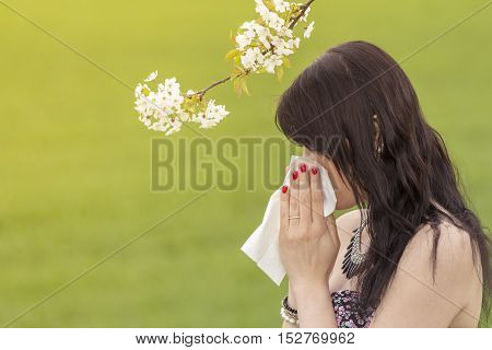 Beautiful hayfever girl wiping her nose in spring nature season. The beautiful young woman is pained by her allergy every year. She holds a tissue in her hands.