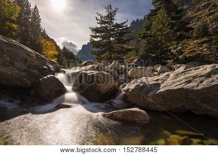 Waterfalls In The Mountains Of Restonica Valley In Corsica