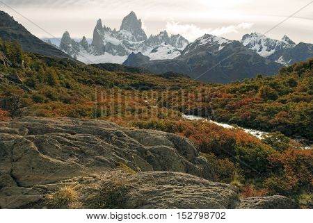 Mountain scenery in autumn colors, fitz roy massif sunset