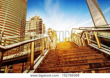 Shanghai streets, stairs and escalators skyscraper buildings.