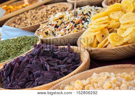 Dried fruits assortment at market in celebration of AlmossassaMarvao Portugal.