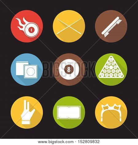 Billiard flat design long shadow icons set. Pool game equipment. Burning ball, crossed cues, brush, chalk, eight ball, ball rack, glove, table and rest head. Vector silhouette symbols