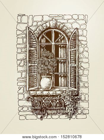 Window with wooden shutters. Vintage sketch. Vector