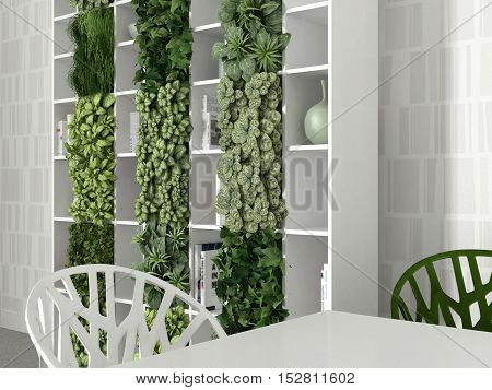 Interior scene, green & White, with table and bookshelf