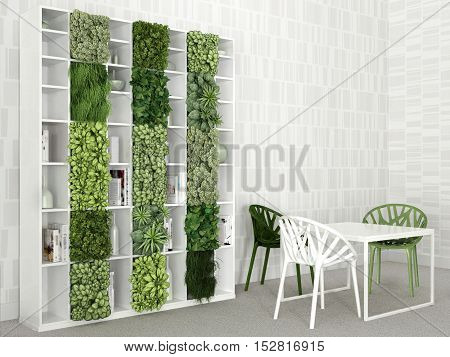 Interior scene, green & White, with table and bookshelf