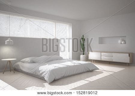 White minimalistic bedroom, scandinavian style, 3d illustration