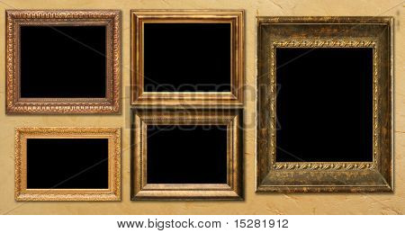 Antique frame collection, hanging on a wall. Add your own text or pictures.