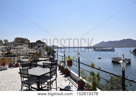 Amazing aerial view of Udaipur and lake Pichola from a terrace, Rajasthan, India
