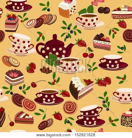 Seamless pattern with teapots, cups, sweets and berries.