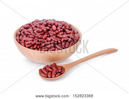 red beans in wooden bowl and spoon isolated on white