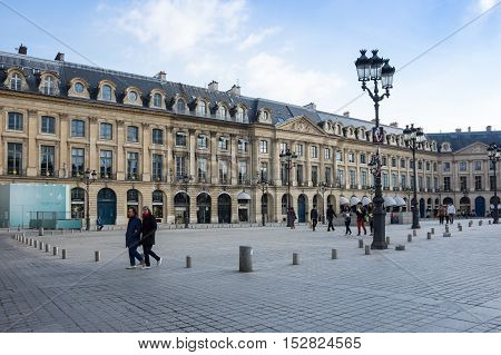 PARIS FRANCE - OCTOBER 11 2015: Place Vendome with its historical buildings and shops in the centre of Paris the capital and most visited city of France