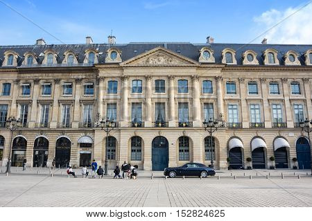 PARIS FRANCE - OCTOBER 11 2015: Place Vendome with its historical buildings and shops in the centre of Paris the capital and most visited city of France