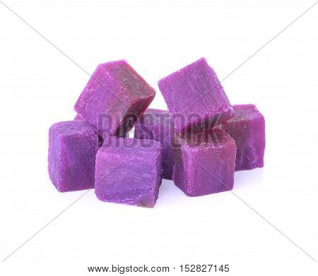 cube purple sweet potatoes isolated on white