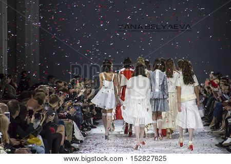 KYIV, UKRAINE - OCTOBER 13, 2016: Models walk the runway at Yana Belyaeva collection show during the 39th Ukrainian Fashion Week at Mystetsky Arsenal in Kyiv