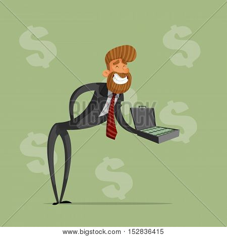Happy businessman or manager holds a briefcase of money offers a bribe.