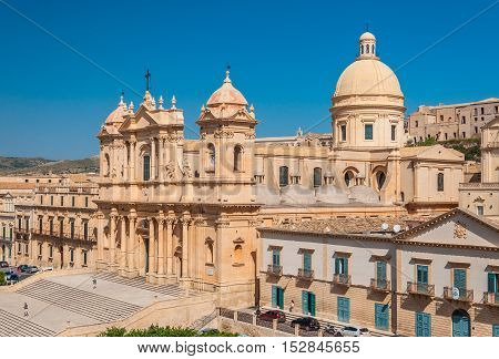 NOTO ITALY - SEPTEMBER 14 2015: Noto Cathedral is a Roman Catholic cathedral in Noto in Sicily Italy. UNESCO World Heritage Site.