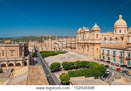 NOTO ITALY - SEPTEMBER 14 2015: Noto Cathedral is a Roman Catholic cathedral in Noto in Sicily Italy. UNESCO World Heritage Site.