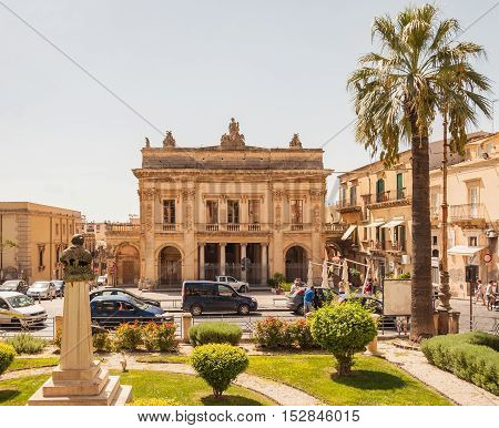 NOTO ITALY - SEPTEMBER 14 2015: The facade of the theatre of Vittorio Emanuele III in Noto Sicily Italy.