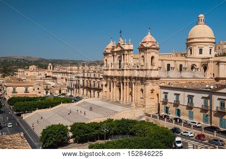 NOTO ITALY - SEPTEMBER 14 2015: Noto Cathedral is a Roman Catholic cathedral in Noto in Sicily Italy. UNESCO World Heritage Site.