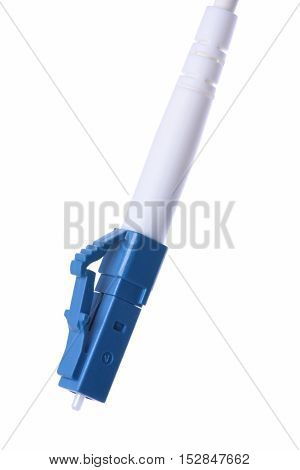 Close up of optical cable LC patch cord connector isolated on white background