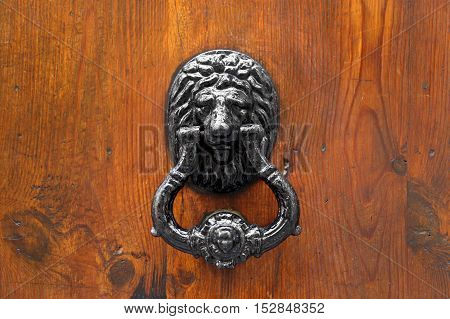 Lion Head Door Knocker on wooden background