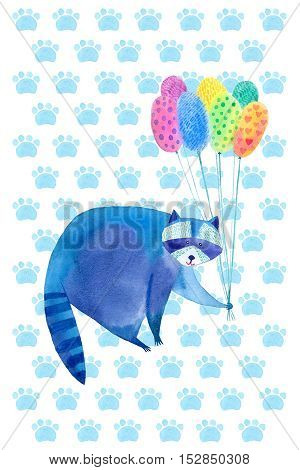 Greeting card with raccoon and balloons .Watercolor painting.Animals illustration.