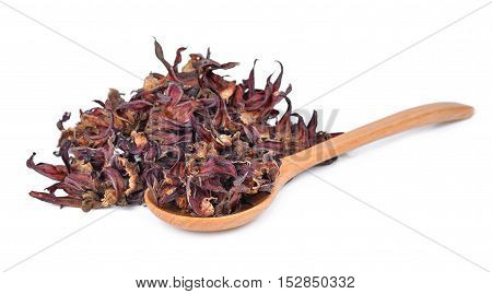 Dried okra in wooden spoon isolated on white