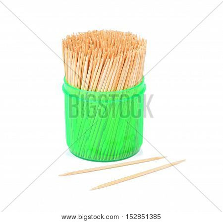 Toothpicks in a green box isolated on a white