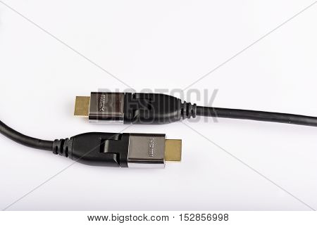 HDMI cable with gold connector on isolated white background