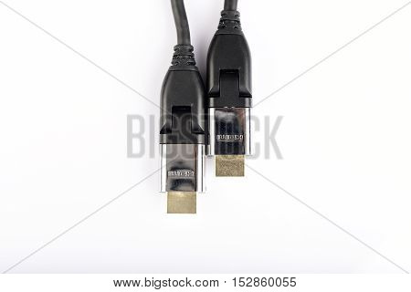 HDMI cable with gold connector on isolated white background