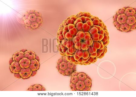 Brome mosaic virus on colorful background, 3D illustration. A model is built using data of viral macromolecular structure furnished by Protein Data Bank PDB 3J7L
