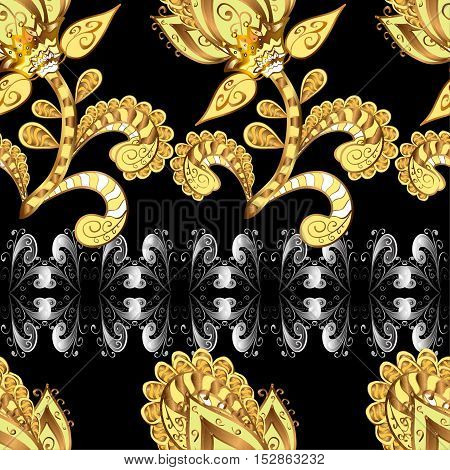 Vintage pattern on black background with golden and silver elements