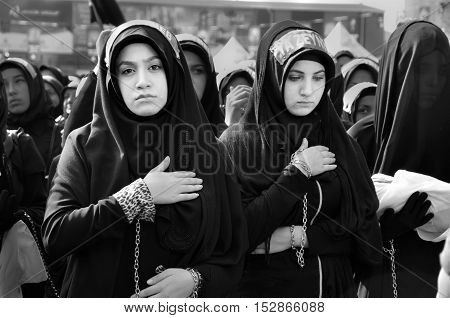 Istanbul Turkey - October 11 2016: Muslims worldwide marks Ashura Istanbul Shiite community. Turkish Shia Muslims mourning for Imam Hussain. Caferis take part in a mourning procession marking the day of Ashura in Istanbul's Kucukcekmece district Turkey on