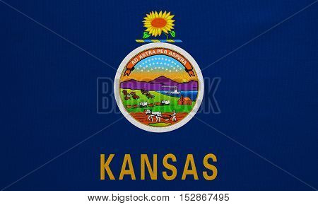 Flag of the US state of Kansas. American patriotic element. USA banner. United States of America symbol. Kansan official flag with real detailed fabric texture illustration. Accurate size colors