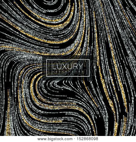 Luxury festive background with shiny silver and golden glitters. Vector illustration of glittering swirled stripes texture. Wallpaper or package design pattern template