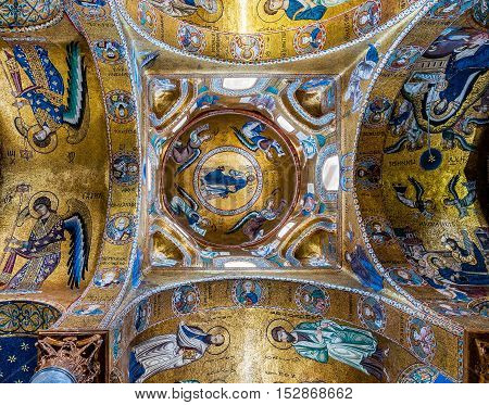 PALERMO ITALY - SEPTEMBER 7 2015: Celling of the famous church of Santa Maria dell'Ammiraglio commonly called the Martorana in Palermo Sicily Italy.
