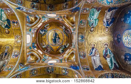 PALERMO ITALY - SEPTEMBER 7 2015: Interior of the famous church of Santa Maria dell'Ammiraglio commonly called the Martorana in Palermo Sicily Italy.